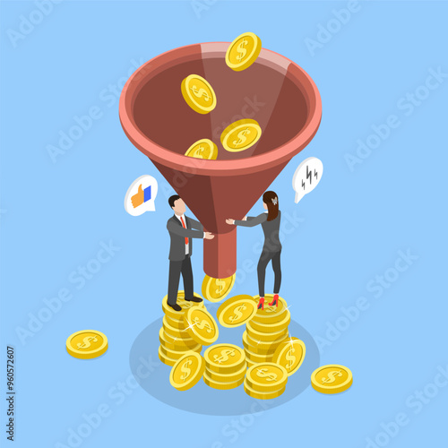 3D Isometric Flat Vector Illustration of Sale Funnel, Increasing Purchase Rate in Advertising Campaign