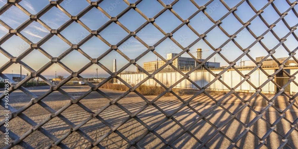 A chain-link fence with a view of a distant industrial site. A chain-link fence with a view of a distant industrial site.