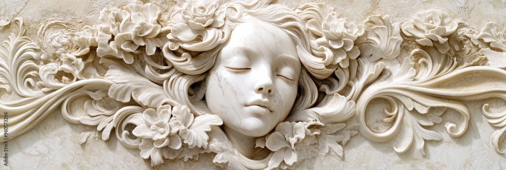 A stunning relief showcases a tranquil young woman's face, adorned with flowing hair and entwined with delicate flowers, evoking a sense of peace and beauty A stunning relief showcases a tranquil young woman's face, adorned with flowing hair and entwined with delicate flowers, evoking a sense of peace and beauty