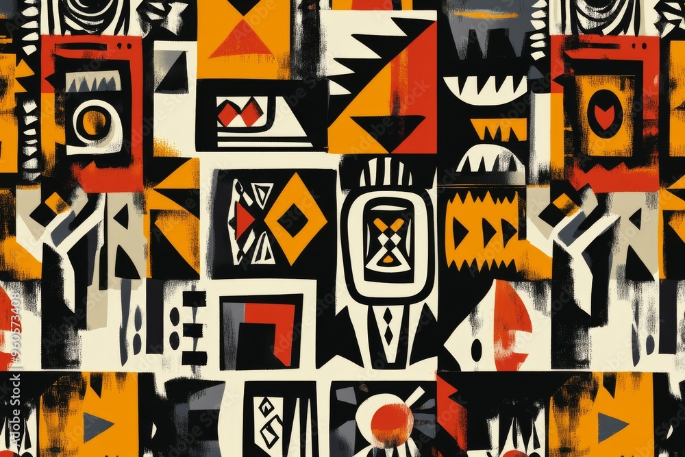 Fototapeta premium Seamless abstract pattern with geometric elements in black, red, and yellow colors