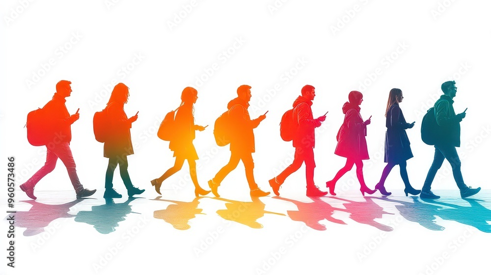 Silhouettes of people walking, depicted in gradient colors, symbolizing diversity, movement, and modern digital culture. Silhouettes of people walking, depicted in gradient colors, symbolizing diversity, movement, and modern digital culture.