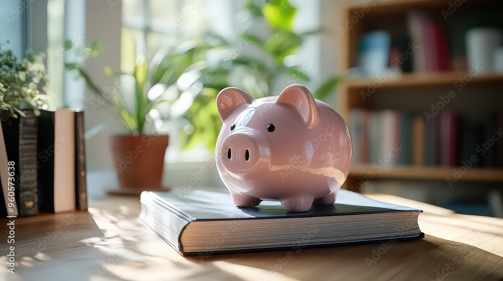 pink piggy bank sitting on top of a book in a sunlit room, representing savings, financial planning, and smart money management in a calm, organized space. pink piggy bank sitting on top of a book in a sunlit room, representing savings, financial planning, and smart money management in a calm, organized space.