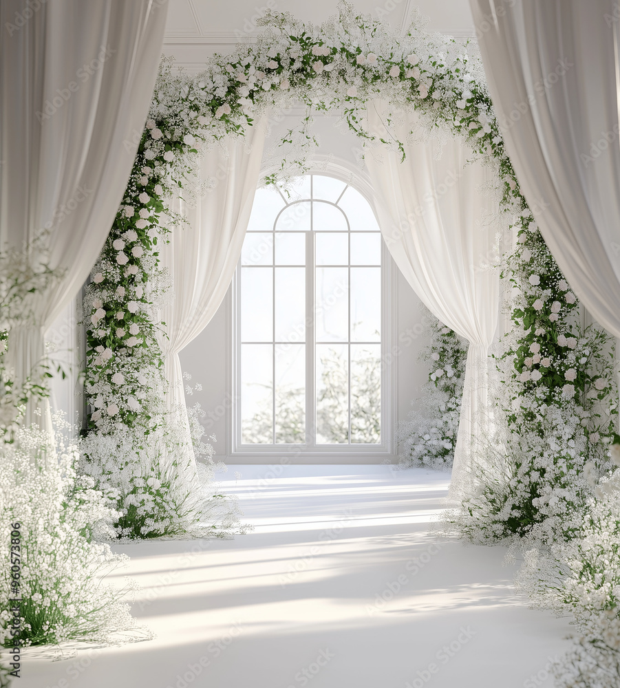 Fototapeta premium white window with flowers and curtains