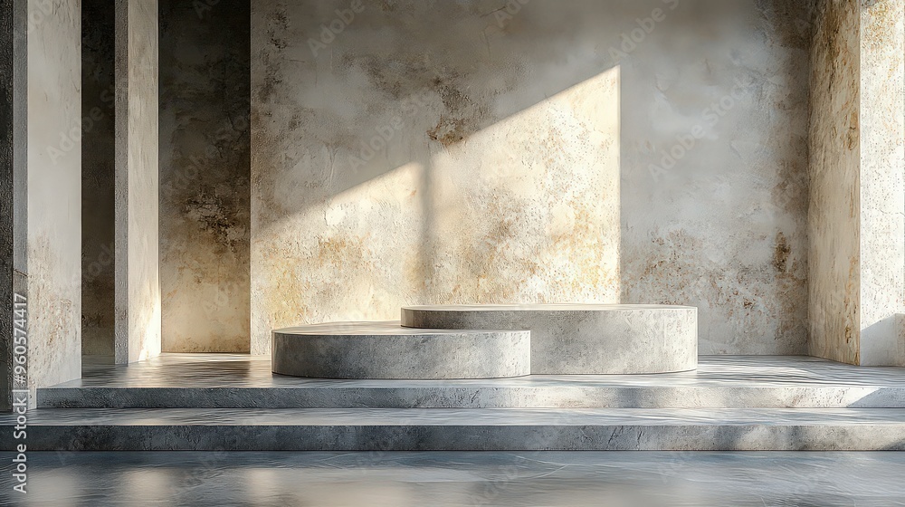 Minimalist interior of concrete space with natural light streaming in, showcasing simplicity, elegance, and serene balance of form and shadow. Minimalist interior of concrete space with natural light streaming in, showcasing simplicity, elegance, and serene balance of form and shadow.