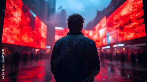 Hombre observando grandes pantallas rojas en una ciudad futurista de noche photo