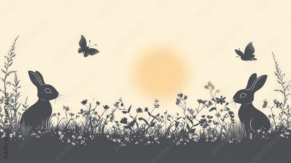 Two black rabbits facing each other in grassy field with flowers and ...