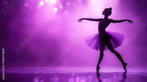  Graceful ballerina in purple tutu performing ballet on stage with soft spotlight, silhouette against dreamy purple haze, embodying elegance and poise.