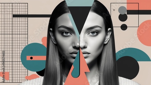 A striking visual composition showcases a model's face split into contrasting styles, surrounded by abstract geometric shapes and colors, creating a captivating modern aesthetic