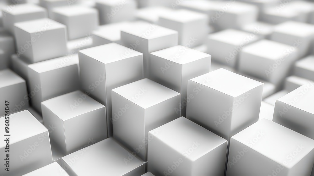 Abstract arrangement of white 3D cubes creating a sense of geometric depth and dimension with clean, minimalistic design. Abstract arrangement of white 3D cubes creating a sense of geometric depth and dimension with clean, minimalistic design.