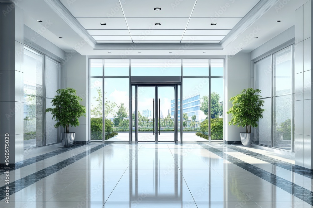 Automatic Door at Administrative Building Entrance. Modern Architecture with Business Card Center Automatic Door at Administrative Building Entrance. Modern Architecture with Business Card Center