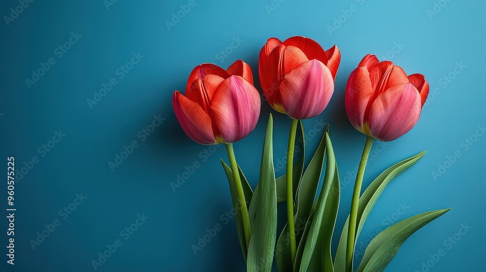 Three vibrant red tulips against a soft blue background. Elegant and simple, symbolizing beauty of spring and renewal. Three vibrant red tulips against a soft blue background. Elegant and simple, symbolizing beauty of spring and renewal.