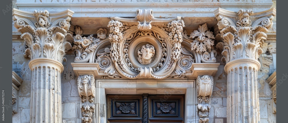 Majestic Historical Building Facade Adorned with Intricate Carvings and Corinthian Columns Majestic Historical Building Facade Adorned with Intricate Carvings and Corinthian Columns