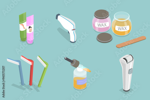 3D Isometric Flat Vector Illustration of Depilation, Beauty Procedures Using Wax and Laser