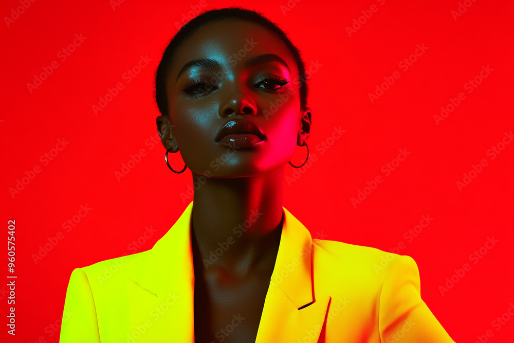 Fashion Portrait of Woman in Neon Yellow Blazer with Solid Neon Red Background Trendsetting Lifestyle Look with Bold Style Fashion Portrait of Woman in Neon Yellow Blazer with Solid Neon Red Background Trendsetting Lifestyle Look with Bold Style