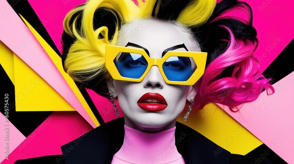 A model showcases an eye-catching look characterized by dramatic makeup and oversized glasses, set against a backdrop of vivid geometric patterns in vibrant colors A model showcases an eye-catching look characterized by dramatic makeup and oversized glasses, set against a backdrop of vivid geometric patterns in vibrant colors