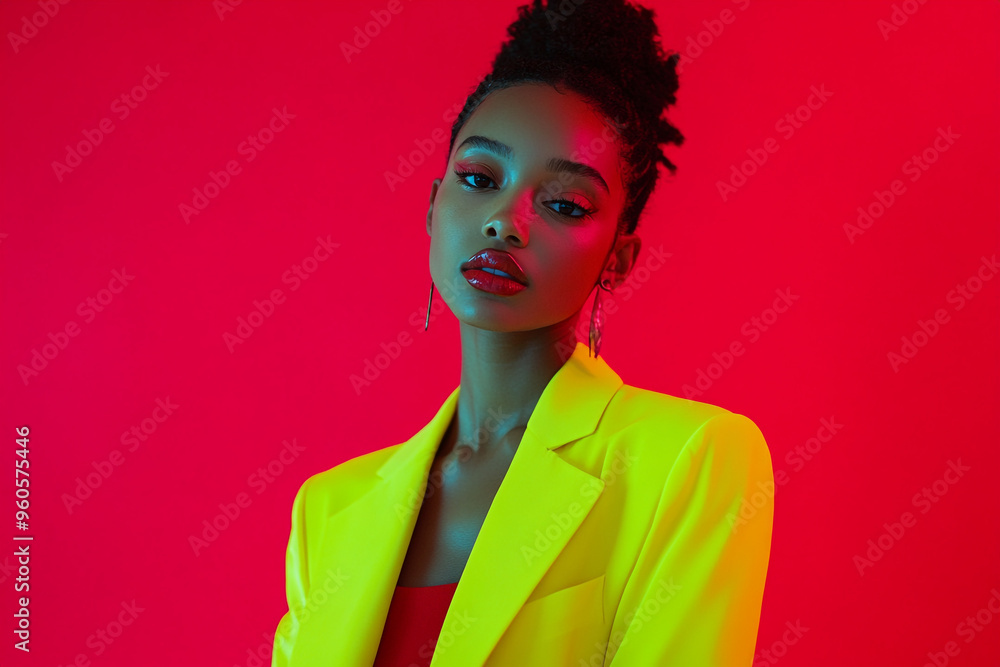 Fashion Portrait of Woman in Neon Yellow Blazer with Solid Neon Red Background Trendsetting Lifestyle Look with Bold Appeal Fashion Portrait of Woman in Neon Yellow Blazer with Solid Neon Red Background Trendsetting Lifestyle Look with Bold Appeal