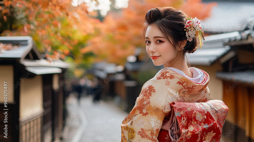 Obraz premium beautiful and cute japanese asian girl wearing kimono dress tokyo