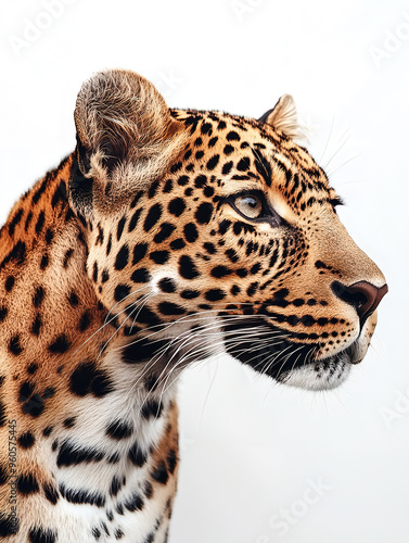 Obraz na płótnie Leopard Close-Up Against White Background – Perfect Wildlife Photography for Nature, Safari, and Conservation w salonie