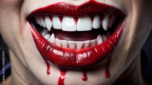 Close-Up of Blood-Dripping Vampire Lips with Bright Red Lipstick