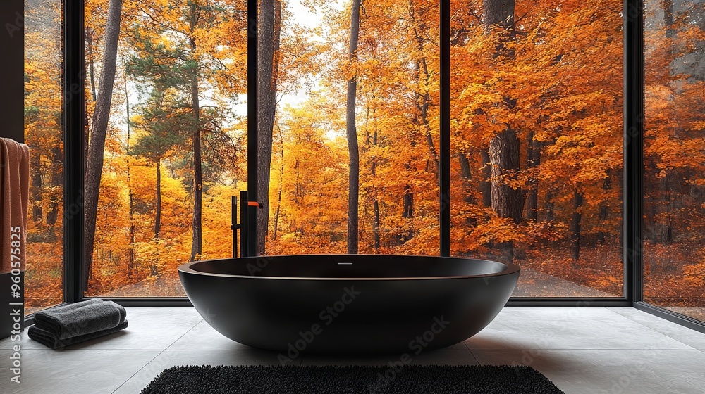 modern bathroom with luxury bathtube with view on autumn trees banner modern bathroom with luxury bathtube with view on autumn trees banner