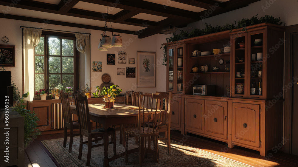 A cozy room with a large wooden dining table and chairs. There's a cupboard with shelves and decorations, and a space for a poster. A cozy room with a large wooden dining table and chairs. There's a cupboard with shelves and decorations, and a space for a poster.