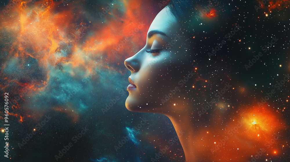 A beautiful woman's face in eyes closed, set against the background of space and galaxies , 4k , wallpaper A beautiful woman's face in eyes closed, set against the background of space and galaxies , 4k , wallpaper