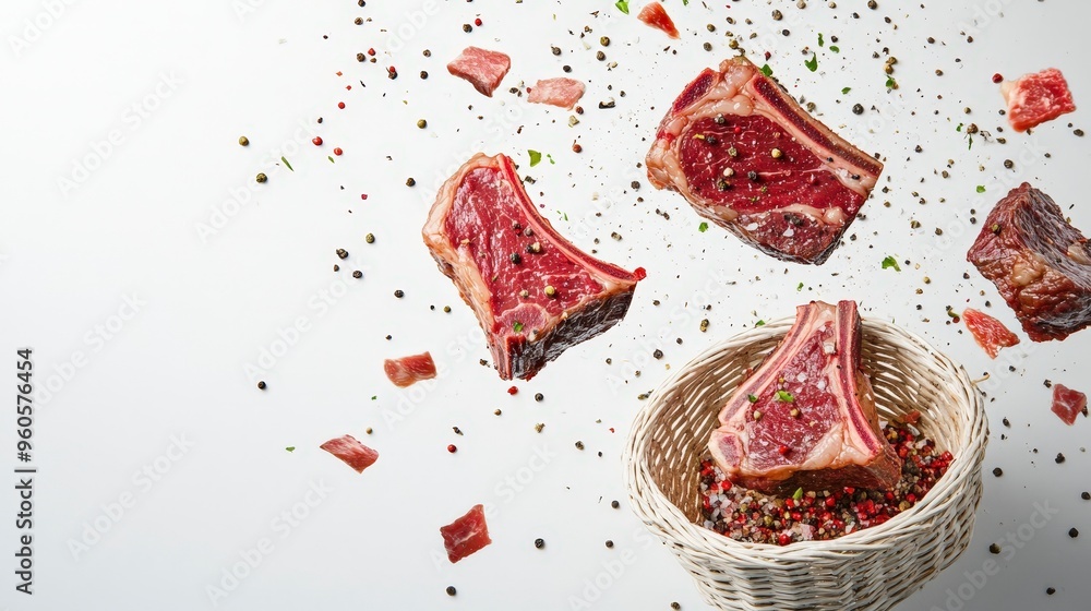 Falling Siroin and Ribeye Steaks in Stars Art Group Style with Textural Detail - Vibrant Culinary Composition on White Background Falling Siroin and Ribeye Steaks in Stars Art Group Style with Textural Detail - Vibrant Culinary Composition on White Background