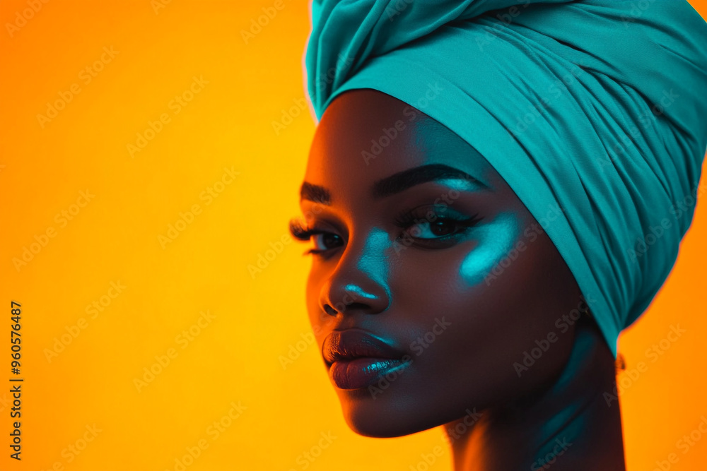 Womans Neon Teal Head Wrap with Solid Neon Orange Background Trendsetting Fashion Portrait Womans Neon Teal Head Wrap with Solid Neon Orange Background Trendsetting Fashion Portrait