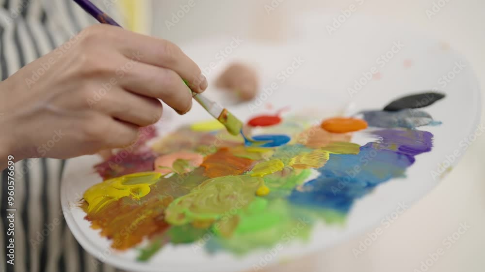 Artist mixing colors on palette, closeup view in art workshop of female master. Fine art and drawing, woman painter working in studio, hobby and professional occupation, bright colors for abstraction Artist mixing colors on palette, closeup view in art workshop of female master. Fine art and drawing, woman painter working in studio, hobby and professional occupation, bright colors for abstraction