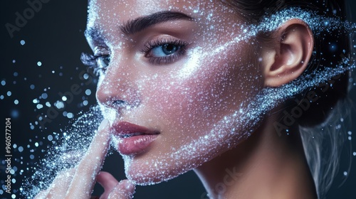 Close-up of a woman with glittering makeup in a radiant, ethereal setting, highlighting beauty and elegance.