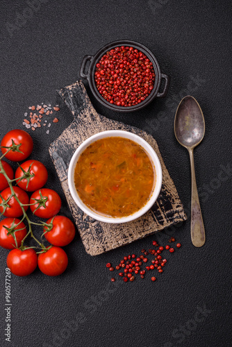 Delicious hot tomato soup with vegetables, vegan, vegetarian food