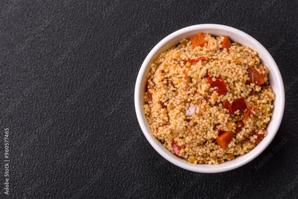 Delicious hot boiled wheat porridge couscous with vegetables Delicious hot boiled wheat porridge couscous with vegetables