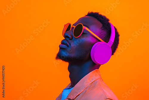 Stylish Men in Neon Pink Headphones with Solid Neon Orange Background Bold Lifestyle Portrait