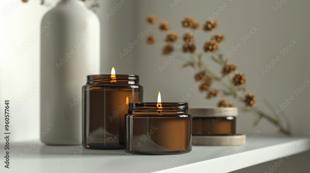Unbranded scented candles displayed elegantly in a jar with white and brown backdrop. Unbranded scented candles displayed elegantly in a jar with white and brown backdrop.