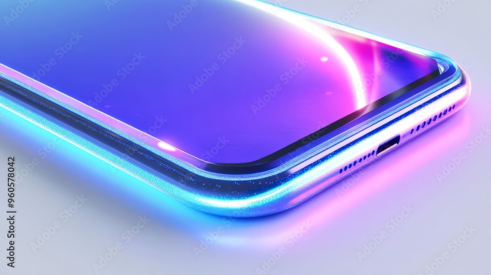 Close-up of a modern smartphone with vibrant neon lights, showcasing sleek design and advanced technology on a reflective surface. Close-up of a modern smartphone with vibrant neon lights, showcasing sleek design and advanced technology on a reflective surface.