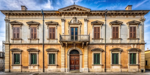 Characteristic and ancient facade of a symmetrical building in Aversa Italy, architecture, vintage, Italy, Aversa, classical, symmetry, detail, exterior, town, neoclassical, columns, facade