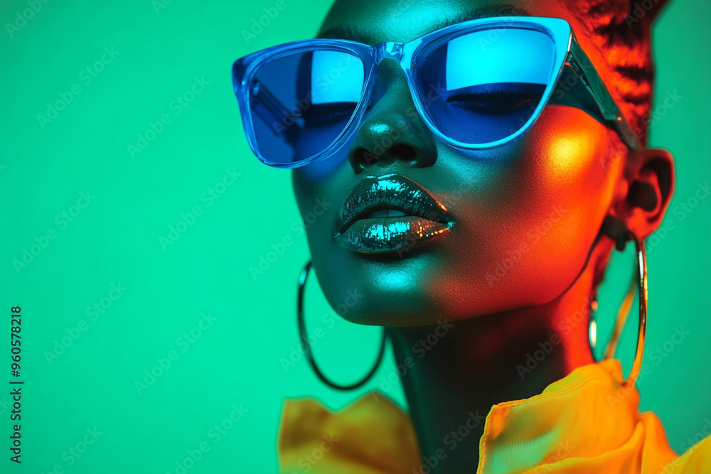 Bold Woman in Neon Blue Face Mask with Solid Neon Green Background Fashion Portrait Bold Woman in Neon Blue Face Mask with Solid Neon Green Background Fashion Portrait