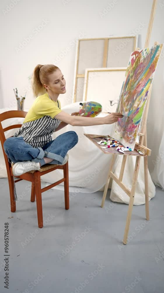 Inspired young woman drawing abstract picture, working alone in studio, vertical video. Joyful lady sitting in front of canvas and painting by bright colors, creativity and inspiration, art school Inspired young woman drawing abstract picture, working alone in studio, vertical video. Joyful lady sitting in front of canvas and painting by bright colors, creativity and inspiration, art school