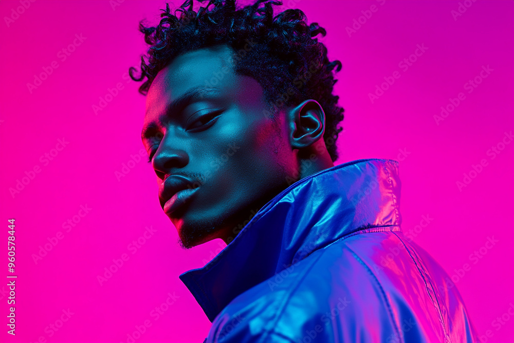 Trendsetting Men in Bright Blue Jacket with Solid Neon Purple Background Modern Portrait Trendsetting Men in Bright Blue Jacket with Solid Neon Purple Background Modern Portrait