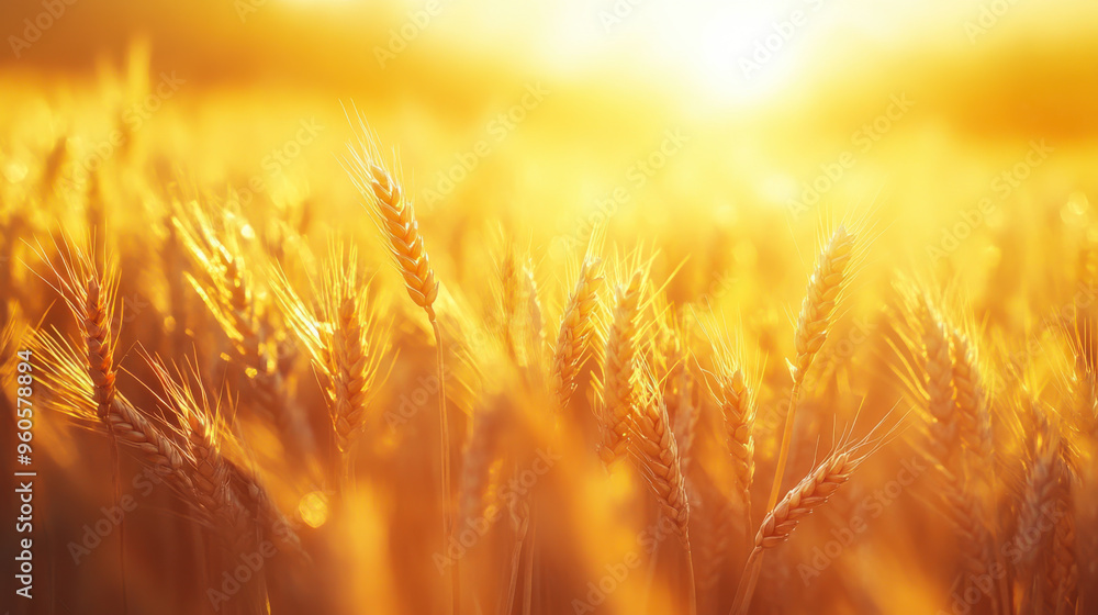 Golden wheat field under the bright sun at sunset creating a warm, vibrant atmosphere in the countryside landscape