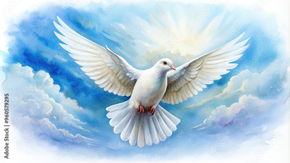 A detailed watercolor art illustration of a serene white dove flying gracefully in the sky viewed from a bird s eye perspective, nature, grace, freedom, art, blue, watercolor, aerial view A detailed watercolor art illustration of a serene white dove flying gracefully in the sky viewed from a bird s eye perspective, nature, grace, freedom, art, blue, watercolor, aerial view