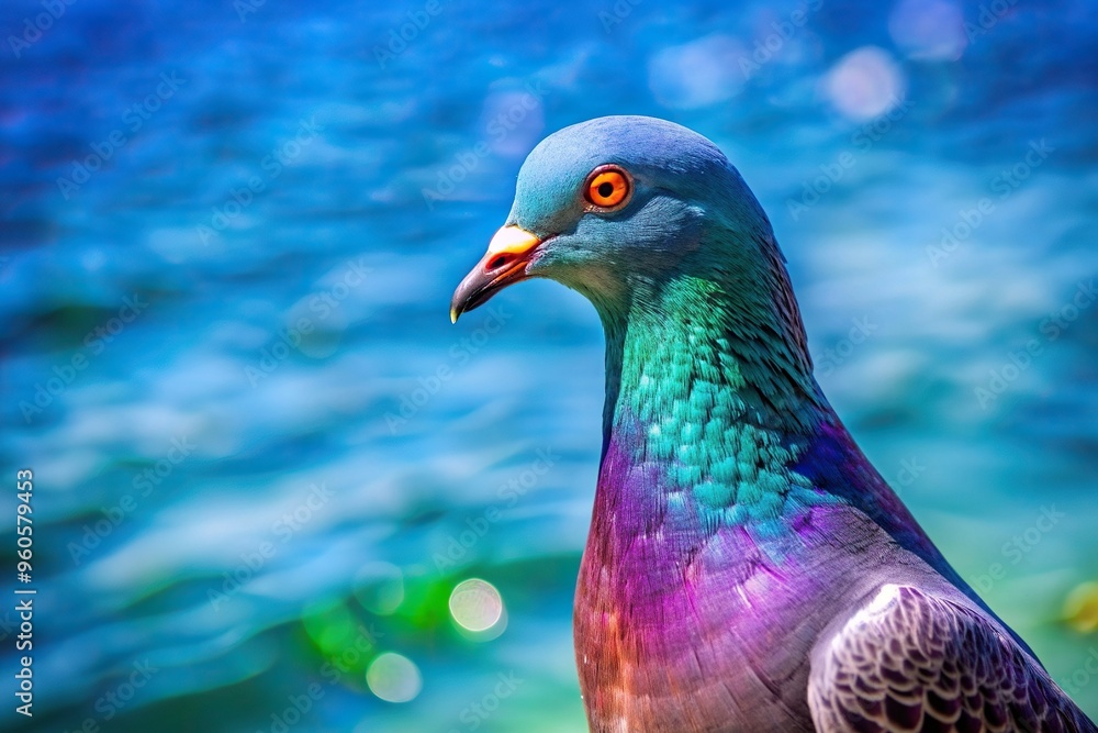 Obraz premium avian, tranquil, plumage, closeup, beauty, portrait, animal, framing, beak,pigeon, bird, feather, A closeup image of a pigeon with a vibrant blue water background framing the scene