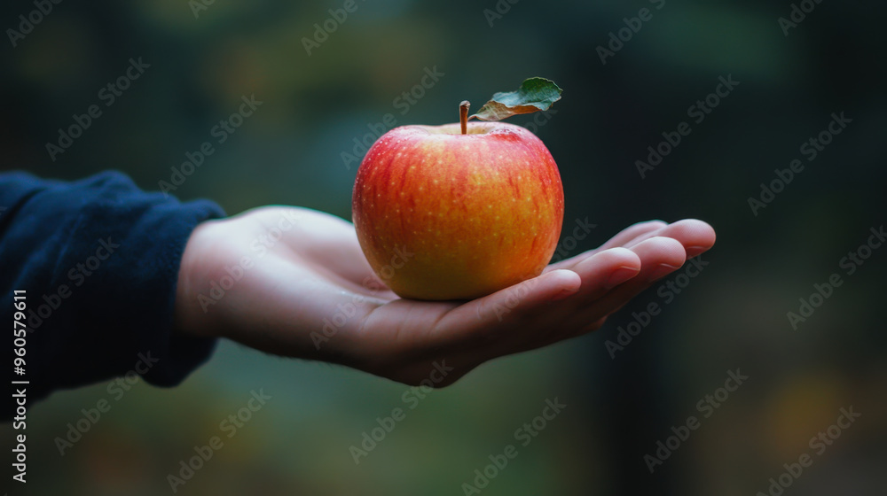 A hand holding a fresh red apple in a serene forest setting during early morning light A hand holding a fresh red apple in a serene forest setting during early morning light