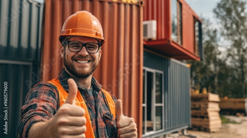 Portrait of a happy smiling worker in yellow helmet and glasses showing thumbs up, standing against a container on the construction site