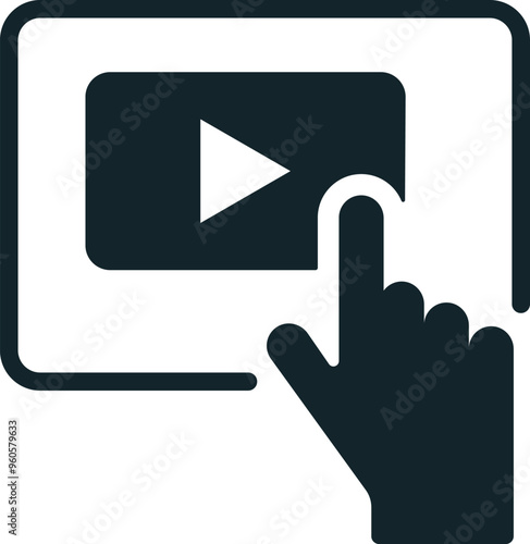 Hand clicking online video player on tablet screen icon