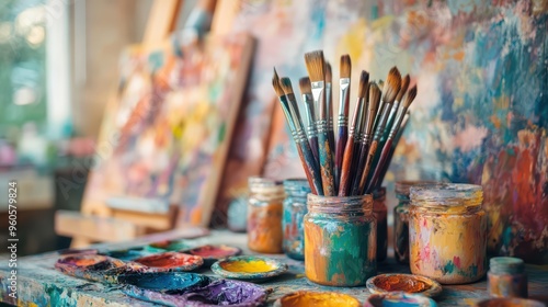 A photo of an artist's studio table with paintbrushes, palettes and jars filled with colorful paints