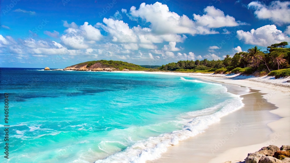 Obraz premium A pristine beach with turquoise waves lapping the shore.