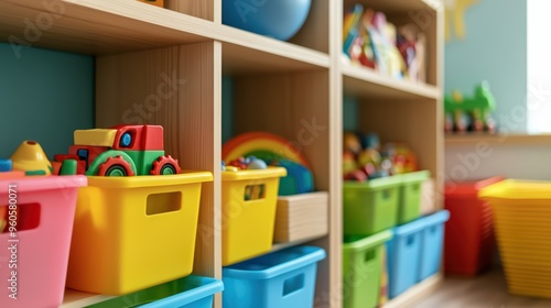 Close-up of colorful plastic toy storage boxes on wooden shelves in the children's playroom, with toys and educational materials neatly arranged for use in the kindergarden