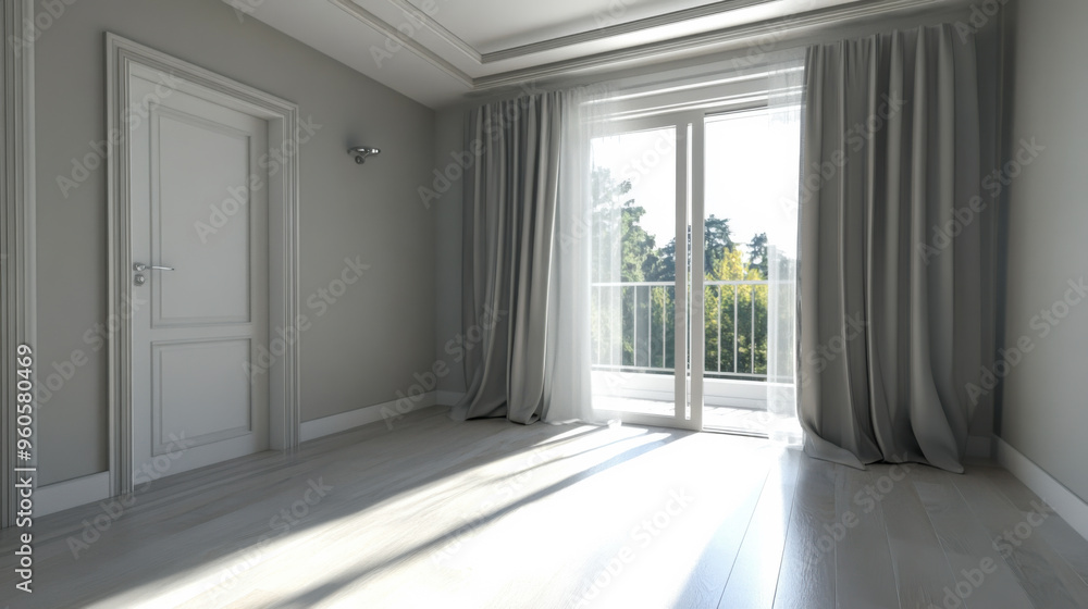 Fototapeta premium Bright, modern interior of a minimalist room with large windows and elegant curtains overlooking a serene garden during daytime