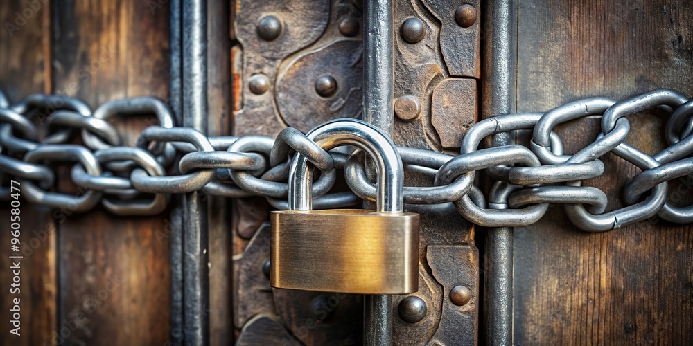 lock, A stock photo depicting a concept of security and protection with a close up view of a sturdy padlock attached to a strong steel chain wrapped tightly around a metal entrance lock, A stock photo depicting a concept of security and protection with a close up view of a sturdy padlock attached to a strong steel chain wrapped tightly around a metal entrance